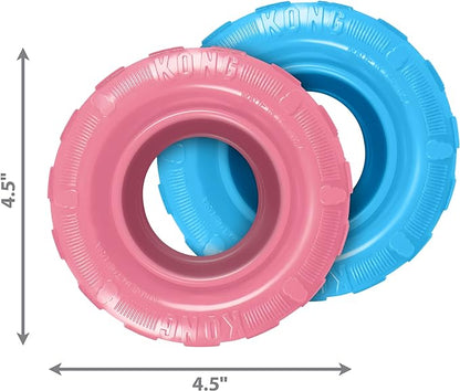 KONG Puppy Tires - Dog Chew Toy for Puppies - Stuffable Dog Toy for Treats & Snacks - Natural Rubber Chew Toy for Teething Puppy - for Medium/Large Puppies - Assorted Colors