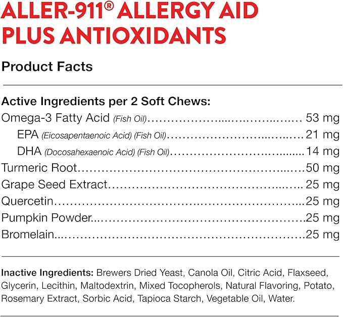 NaturVet – Aller-911 Skin & Coat Allergy Aid Plus Antioxidants – 90 Soft Chews – Supports Immune System, Skin Moisture & Respiratory Health – Enhanced with Omegas, DHA & EPA – for Dogs & Cats