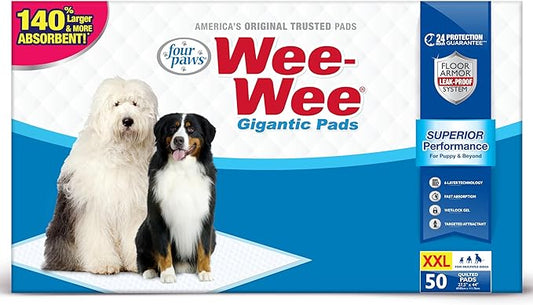 Four Paws Wee-Wee Superior Performance Gigantic Pee Pads for Extra Large Dogs, Leak-Proof Floor Protection Dog & Puppy Quilted Potty Training Pads, Unscented, 27.5" x 44" (50 Count)