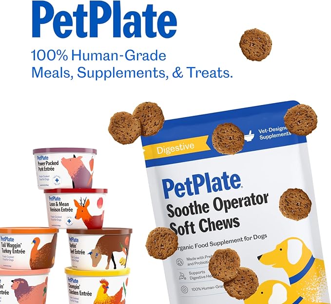 PetPlate Digestive Soft Chews for Dogs, Made with Prebiotics & Probiotics, USDA Organic Supplement, Grain-Free, Human-Grade, Pet Supplies, (Pack of 1, 9.8 Ounce)