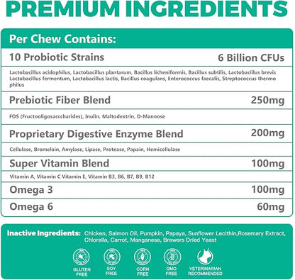 Probiotics for Dogs - Digestion & Health Supplement, Support Gut Health, Diarrhea, Digestive Health & Seasonal Allergies, Clinical Digestive Enzymes & Super Vitamins (180 Soft Chews Chicken)