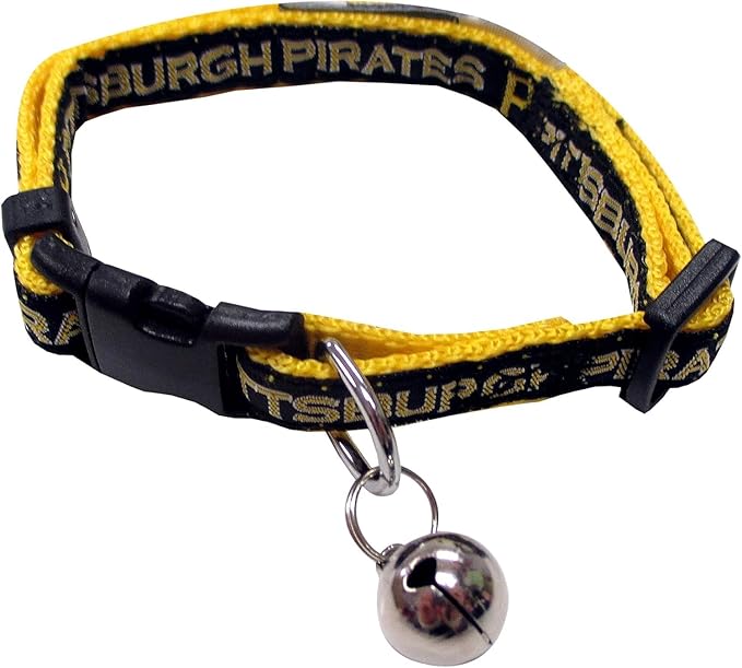 MLB CAT Collar Pittsburgh Pirates Satin Cat Collar Baseball Team Collar for Dogs & Cats. A Shiny & Colorful Cat Collar with Ringing Bell Pendant