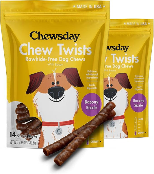 5-Inch Chewy Dog Chew Twists, Made in The USA, All Natural Rawhide-Free Highly-Digestible Treats, Bacony Sizzle - 28 Count