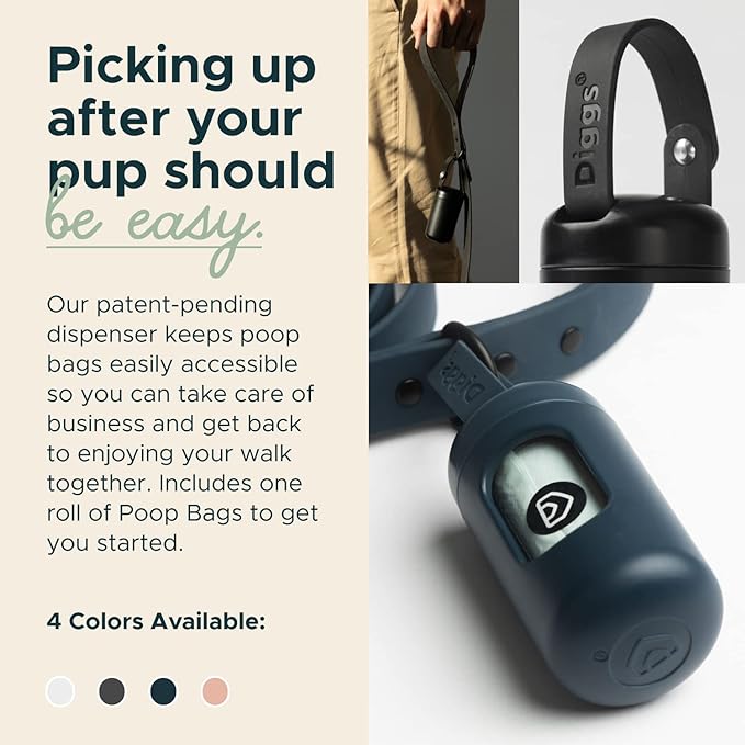 Diggs Dog Poop Bag Dispenser, Dog Poop Bag Holder for Leash - Metal Snap Leash Clip - Case for Poop Bags - Dog Poop Bags -Doggie Bag Holder