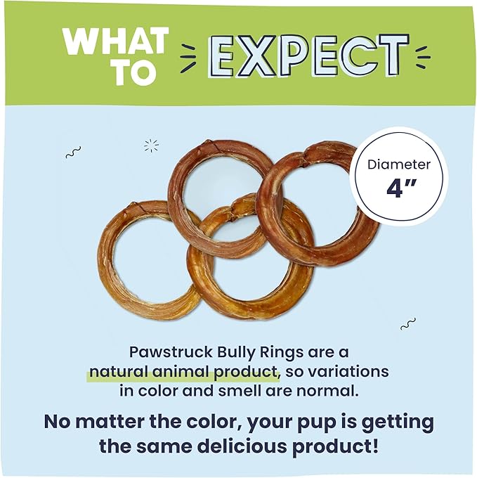 Pawstruck All-Natural 4" Bully Stick Rings for Dogs - Rawhide Free 100% Beef Single Ingredient Dental Chew Treat Bones - Fully Digestible Low Odor - 3 Pack - Packaging May Vary