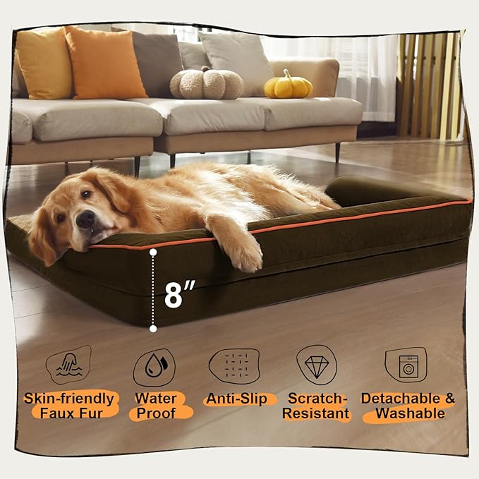 Large Dog Bed Orthopedic Washable: Extra Large Big Dog Bed with Removable Bolster & Memory Foam Couch Sofa - Waterproof Washable with Cover