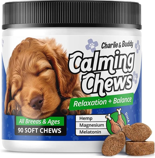 Charlie & Buddy Calming Chews for Dogs, Dog Anxiety Relief, Promote Relaxation, Dog Calming Chews with Melatonin for Dogs, Chamomile, Magnesium Citrate, 90 Soft Chews, Duck Flavor