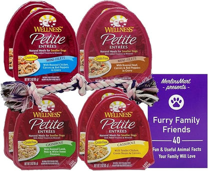 Wellness Petite Entrees Grain Free Dog Food 4 Flavor 8 Can Variety - (2) Each: Chicken Green Beans, Beef Carrots, Chicken Carrot, Lamb Peas (3 Ounces) - Plus Rope Toy and Fun Facts Booklet Bundle