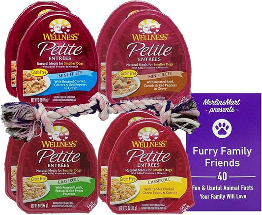 Wellness Petite Entrees Grain Free Dog Food 4 Flavor 8 Can Variety - (2) Each: Chicken Green Beans, Beef Carrots, Chicken Carrot, Lamb Peas (3 Ounces) - Plus Rope Toy and Fun Facts Booklet Bundle
