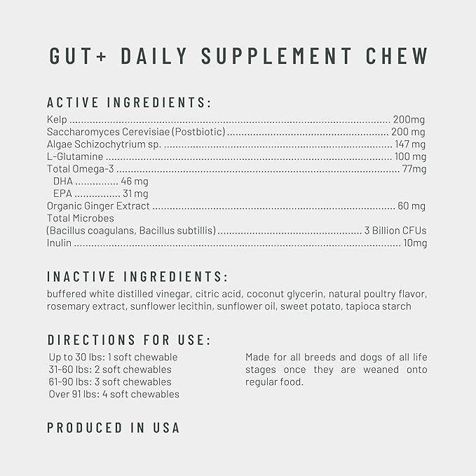 Gut+ Digestive Health Dog Supplement Chews, 90 Soft Chews, Chicken Flavor, Supports Digestion & Immunity, with Pre, Pro & Postbiotics, PhD Animal Nutritionist Formulated, Produced in USA