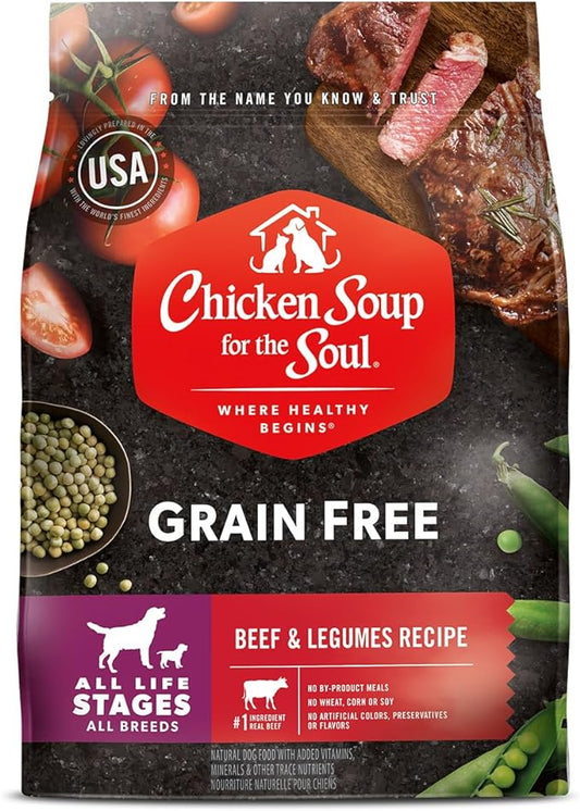 Chicken Soup for the Soul Pet Food Grain-Free Dry All Stages Dog Food, Beef & Legumes Recipe, 4 Pound Bag, Soy, Corn & Wheat Free, No Artificial Flavors or Preservatives