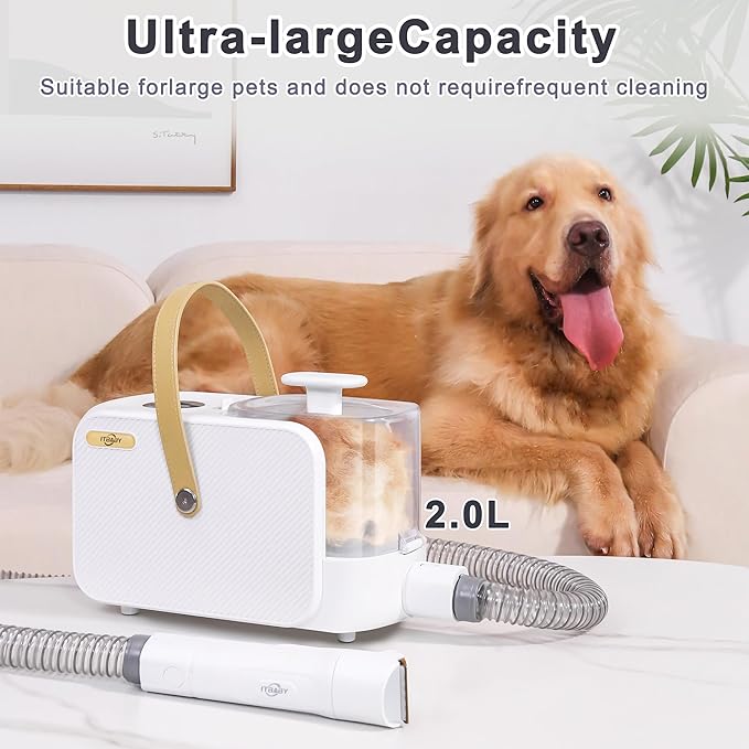 2.0L Dog Grooming Kit, Pet Grooming Kit & Vacuum Suction 99% Pet Hair Groomer, Professional Grooming Clippers with 5 Proven Grooming Tools for Dogs Cats, Quiet Pet Vacuum Groomer (White)