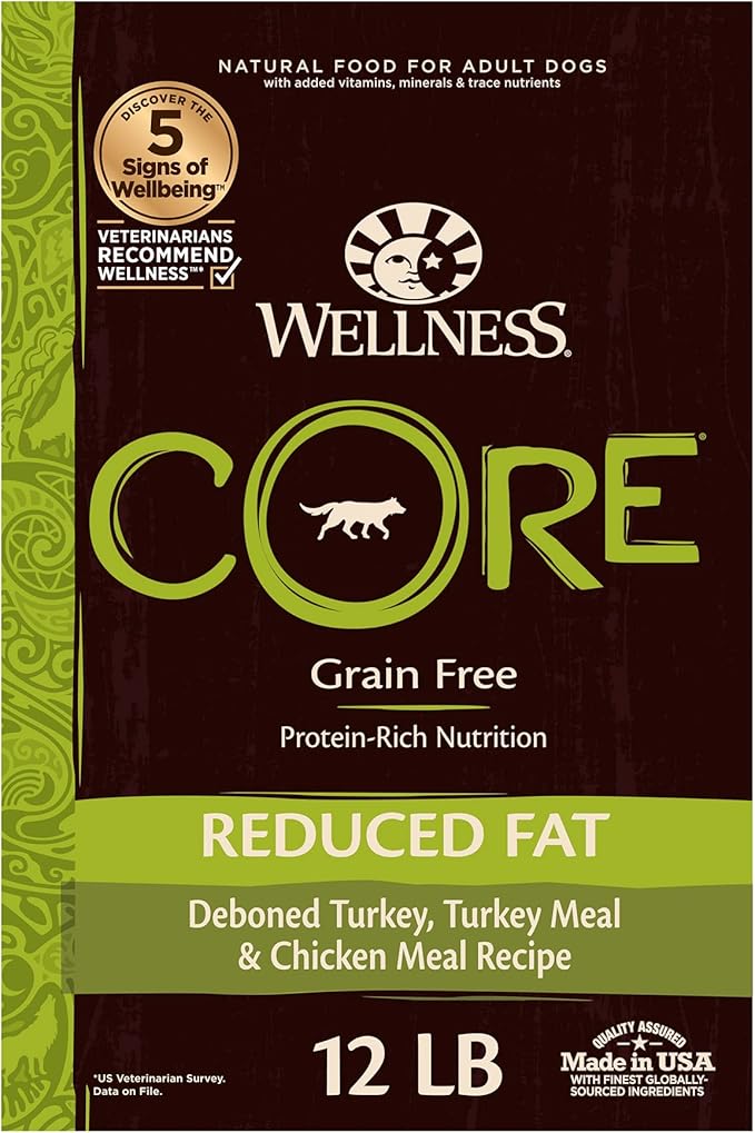 Wellness CORE Grain-Free High-Protein Dry Dog Food, Natural Ingredients, Made in USA with Real Meat, All Breeds, For Adult Dogs (Reduced Fat, 12-Pound Bag)