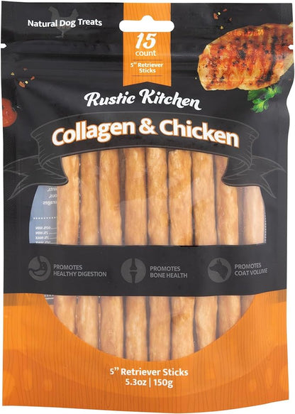 Collagen Chews for Dogs, Chicken Flavored, Dog Chews Long Lasting, Rawhide Free -15 Pack Collagen Sticks for Large, Medium, and Small Dogs