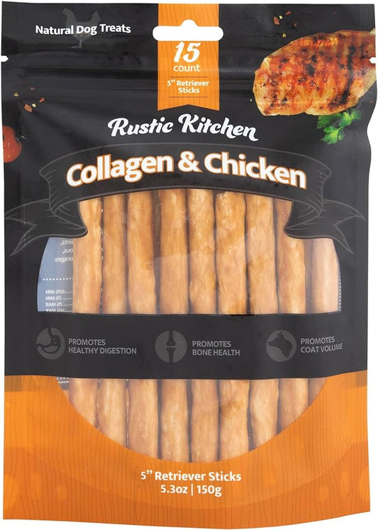 Collagen Chews for Dogs, Chicken Flavored, Dog Chews Long Lasting, Rawhide Free -15 Pack Collagen Sticks for Large, Medium, and Small Dogs