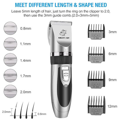 ENJOY PET Dog Clippers Low Noise Cat Shaver, Professional Dog Grooming Kit Rechargeable Cordless Pet Hair Clippers with 4 Comb Guides, Electric Quiet Pet Trimmer for Dogs Cats and Animals (Silver)