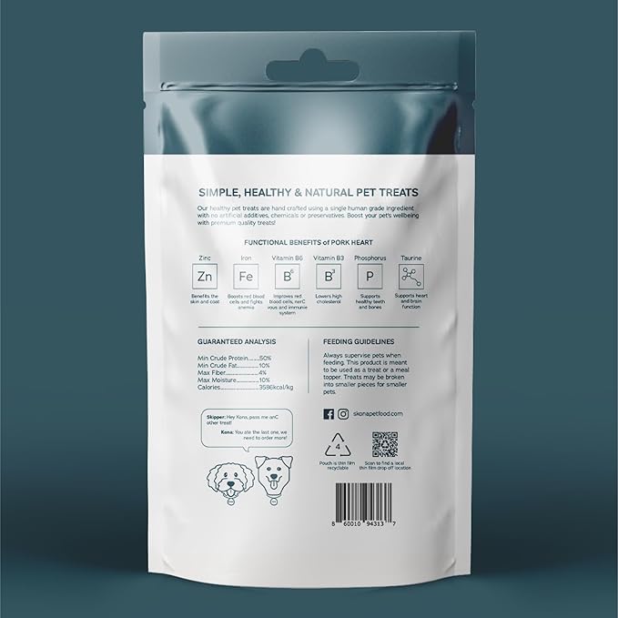 Skona Single-Ingredient Pork Heart Jerky Treats (4oz) | Dogs & Cats | Rich Vitamins, Protein, Taurine Boost | Dental Care, Hypoallergenic, USA Made