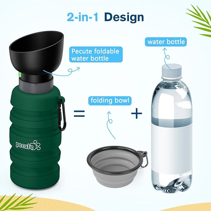 Pecute Dog Water Bottle Portable, 29oz Dog Foldable Water Bottle with Folding Bowl & Clip, 100% Food Grade Silicone, 5 Levels Capacity, Dog Water Bottle for Outdoor Walking, Hiking, Travel(Green)