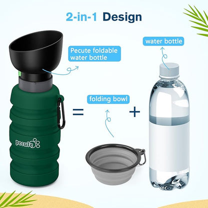 Pecute Dog Water Bottle Portable, 29oz Dog Foldable Water Bottle with Folding Bowl & Clip, 100% Food Grade Silicone, 5 Levels Capacity, Dog Water Bottle for Outdoor Walking, Hiking, Travel(Green)