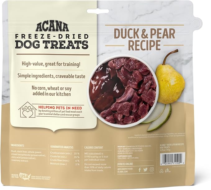 Acana Singles Grain Free Dog Treats, Limited Ingredients & Freeze-Dried, Made in USA, Duck & Pear, 3oz