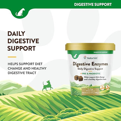 NaturVet – Digestive Enzymes - Plus Probiotics & Prebiotics – Helps Support Diet Change & A Healthy Digestive Tract – for Dogs & Cats (Soft Chews, 70 Count)