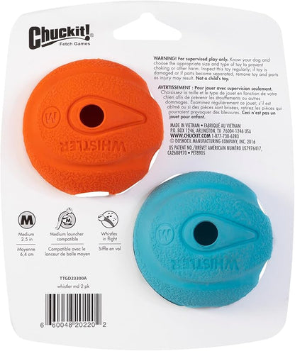Chuckit! The Whistler Ball Dog Toy, Medium (2.5 Inch Diameter) for Dogs 20-60 lbs, Pack of 2, Multicolor