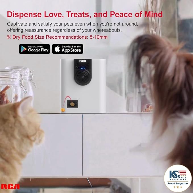 RCA Dog & Cat Smart Camera Treat Dispenser, WiFi-Enabled, 1080p HD Camera, Two-Way Audio, App Control, Compatible with Alexa & Google Assistant – for Small Treats & Kibble