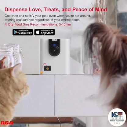 RCA Dog & Cat Smart Camera Treat Dispenser, WiFi-Enabled, 1080p HD Camera, Two-Way Audio, App Control, Compatible with Alexa & Google Assistant – for Small Treats & Kibble