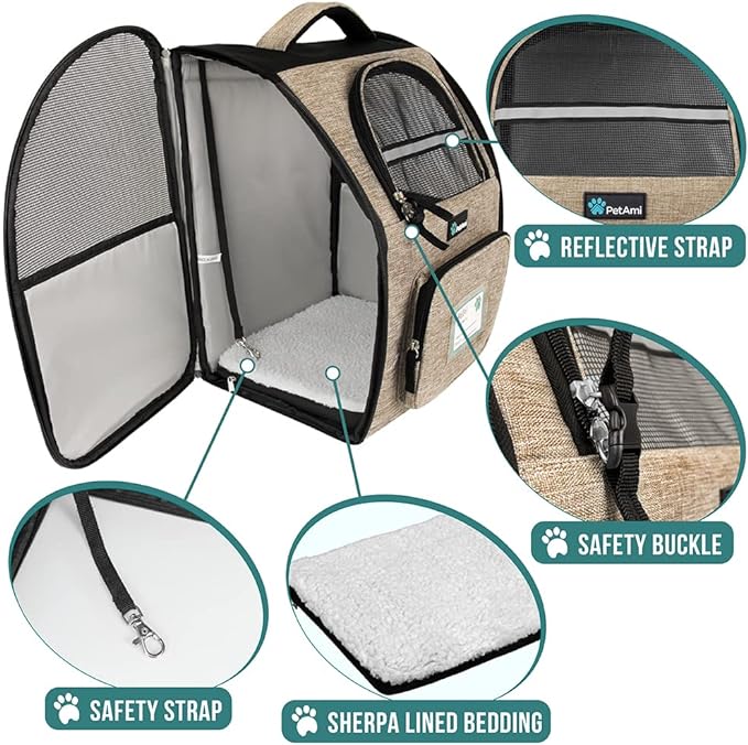 PetAmi Dog Backpack Carrier for Small Large Cat, Pet, Puppy, Ventilated Pet Hiking Backpack Travel Bag, Airline Approved Cat Backpack Carrier, Camping Biking Dog Bag Up to 18lbs Pet, Taupe