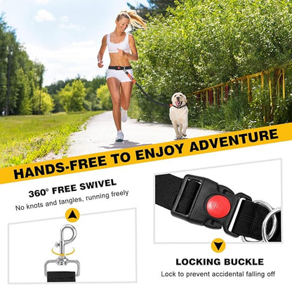 Pawaboo Hands-Free Dog Leash with Waist Belt, Elastic Dog Waist Leash with Wider Belt, Reflective Dog Running Belt Absorbing Shock, Durable Padded Handle Bungee Leash for Dogs (25-150 lbs, Black)