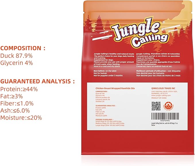 Jungle Calling All Natural Dog Treats, Duck Jerky for Dogs, Slow Roasted Snacks for Medium and Large Dogs Chewy Treats 10.6 oz