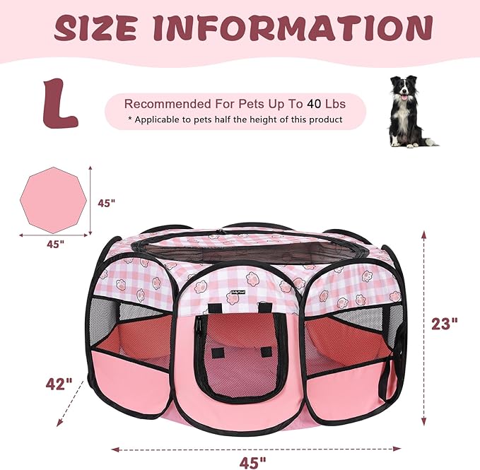 Foldable Dog Playpen Cat Puppy Playpen Indoor Pop Up Pet Animal Playpen Outdoor Kennel Cage Pen Tent for Small Medium Dog Puppy Cat Kitten Rabbit - Large, Pink