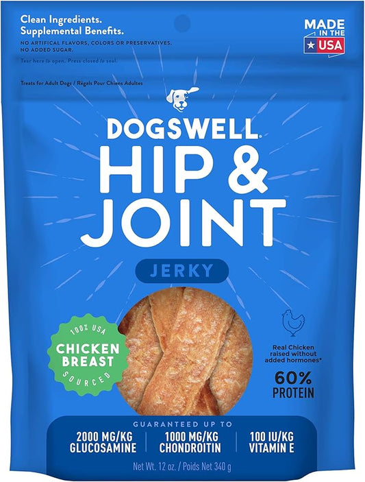 Dogswell Jerky Hip and Joint Dog Treats Grain Free Made in USA Only, Glucosamine and Chondroitin, 12 oz Chicken