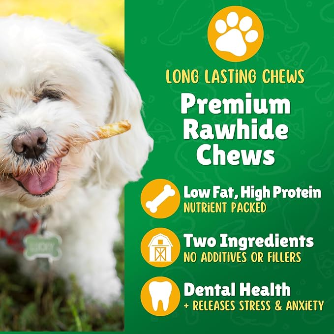 Lucky Premium Treats Chicken Wrapped Dog Treats – USA Made Raw Hide Sticks for Small & Toy Size Dogs – Long Lasting, Preservative Free Dog Treats – 20 Chews