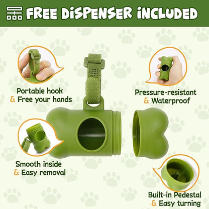 KIPRITII Strong-Endurance Dog Poop Bag Set with Dispenser & Leash Clip, Thick Waste Poop Bags for Puppy/Small/Medium/Large Dog & Cat