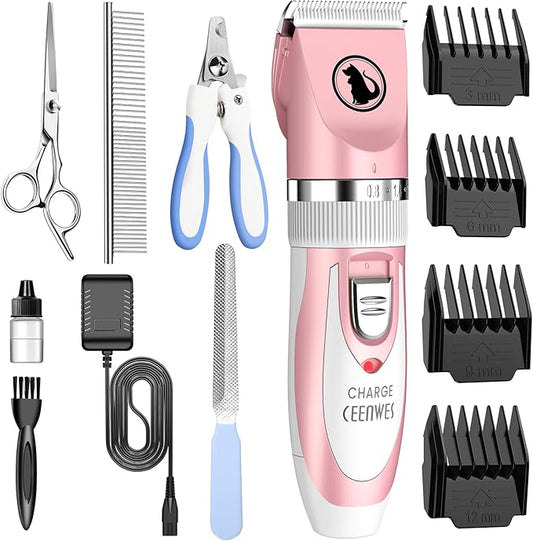 Ceenwes Dog Clippers Low Noise Cat Clippers Rechargeable Dog Trimmer Cordless Pet Grooming Tool Professional Dog Hair Trimmer with Comb Guides Scissors Nail Kits for Dogs Cats & Other(Pink)