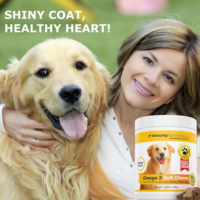 Amazing Omega 3 Fish Oil for Dogs - Omega 3 for Dogs Shedding and Itchy Skin Relief for Dog Dry Skin and Hot Spots, EPA and DHA Fatty Acids, Dog Skin and Coat Supplement - 90 Bacon Soft Chews