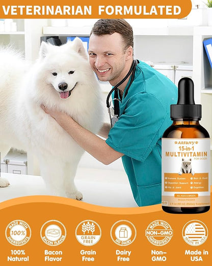 15 in 1 Multivitamin for Dogs | 60ML Dog Multivitamin Liquid Support Joint, Gut & Immune Health | Dog Liquid Vitamins for Digestion, Heart, Skin & Coat | Vitamin Supplements for Dogs | Bacon Flavor