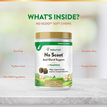 NaturVet - No Scoot for Dogs - 120 Soft Chews - Plus Pumpkin - Supports Healthy Anal Gland & Bowel Function - Enhanced with Beet Pulp & Psyllium Husk