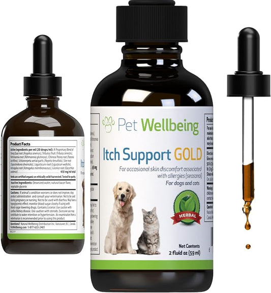 Pet Wellbeing Itch Support Gold for Dogs - Vet-Formulated - Itchy Skin & Paws, Hot Spots, Skin Allergies - Natural Herbal Supplement 2 oz (59 ml)