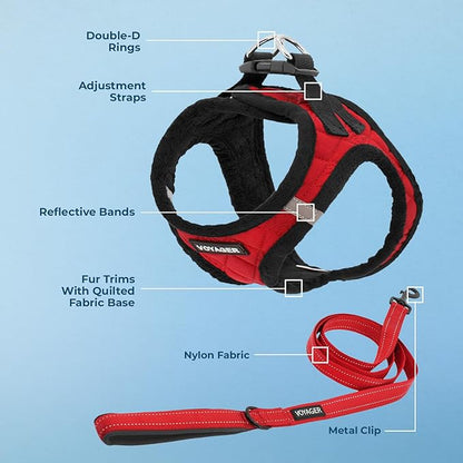 Voyager Step-in Plush Dog Harness – Soft Plush, Step in Vest Harness and Reflective Dog 5 ft Leash Combo with Neoprene Handle for Small and Medium Dogs by Best Pet Supplies -Set (Red Plush), XS