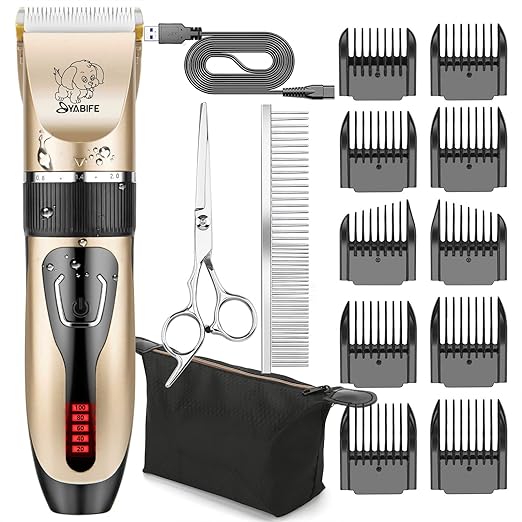 Dog Clippers, USB Rechargeable Cordless Dog Grooming Kit, Electric Pets Hair Trimmers Shaver Shears for Dogs and Cats, Quiet, Washable, with LED Display (yellow)