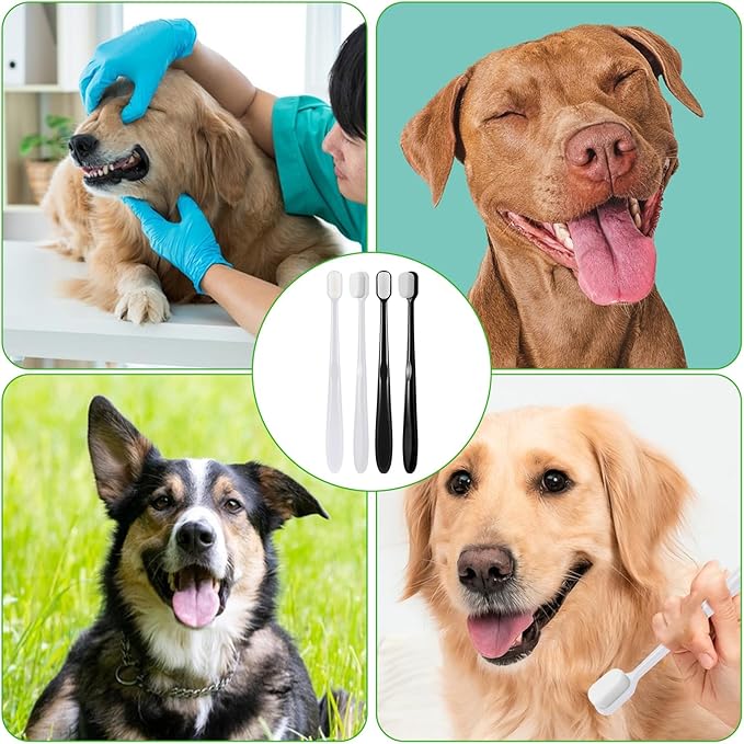 Dog Toothbrush, 4 Pcs Soft Dog Tooth Brushing Kit, Puppy Toothbrush Long Handle Pet Toothbrush Universal for Pet Dogs Teeth Cleaning and Oral Care Dental Hygiene Convenient (Black, White)