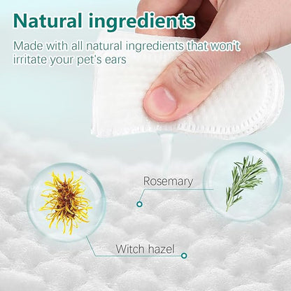 Pet Ear Wipes, Ear Cleaner Finger Wipes for Cats and Dogs, Soft & Easy Otic Cleaning Pads, Pet Supplies for Regular Soothing Odor Control Reduce Dirt Wax Earwax Buildup，50 Counts