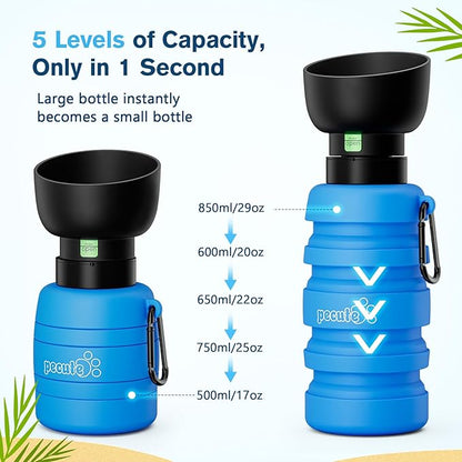 Pecute Dog Water Bottle Portable, 29oz Dog Foldable Water Bottle with Folding Bowl, Carabiner Clip, 5 Levels Capacity, 100% Food Grade Silicone, Dog Water Bottle for Outdoor Walking, Hiking, Travel