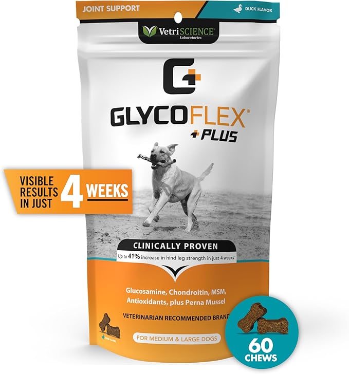 VetriScience GlycoFlex Plus Hip and Joint Supplement for Dogs – Extra-Strength Joint Support Chews with Green Lipped Mussel, Chondroitin, and Glucosamine for Dogs
