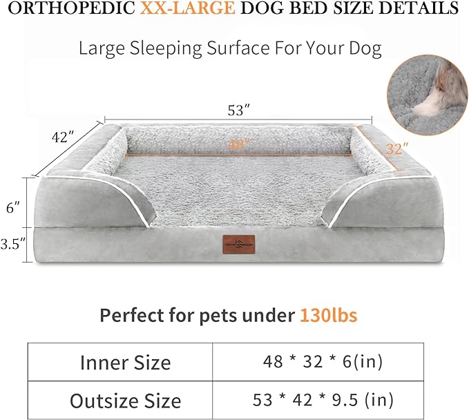 XXL Orthopedic Foam Dog Bed for Extra Large Dogs, Waterproof Orthopedic Dog Beds, Washable Dog Sofa Bed with Removable Cover & Non-Slip Bottom(XX-large,Grey White)