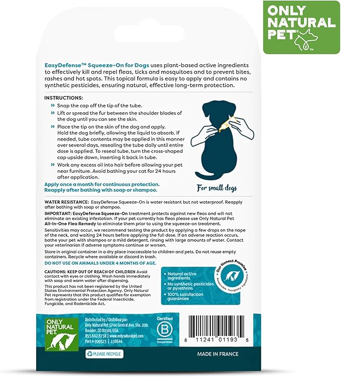 Only Natural Pet Flea and Tick Prevention for Small Breed Dogs (up to 15 lbs) - EasyDefense Flea Remedy - Natural Flea Control Herbal Squeeze-On Drops - Three Month Supply (Single)