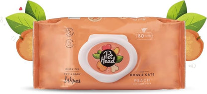 PET HEAD Quick Fix Cleaning Wipes for Dogs and Cats, Pack of 80 - Peach Scent with Aloe Vera. Biodegradable Wipes for Paws and Body. Natural and Vegan Ingredients. Made in USA