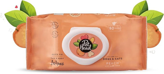 PET HEAD Quick Fix Cleaning Wipes for Dogs and Cats, Pack of 80 - Peach Scent with Aloe Vera. Biodegradable Wipes for Paws and Body. Natural and Vegan Ingredients. Made in USA